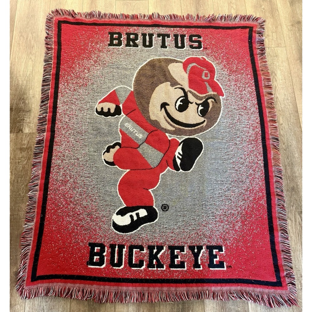 Vintage Ohio State Buckeyes Brutus Woven Throw Blanket 48 x 60" Tapestry Mascot